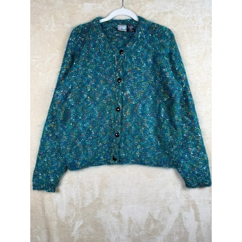 Paul Et Duffier Vintage Mohair Blend Cardigan Teal Green Speckled Knit‎ Womens M